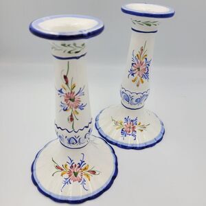 Vintage Portuguese Hand Painted Floral Ceramic Candlesticks, 7”